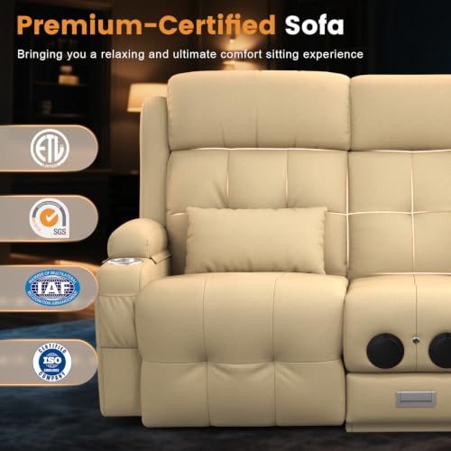 Home Theater Seating, Power Loveseat Recliner Sofa with Massage & Heat | Wall Hugger Reclining Loveseat with USB, RV Couch with LED Lights, Flip Backrest, Cup Holders for Movie Theater, Gaming Room - color: Pebbled Beige White, size: 72" - 2 Seats