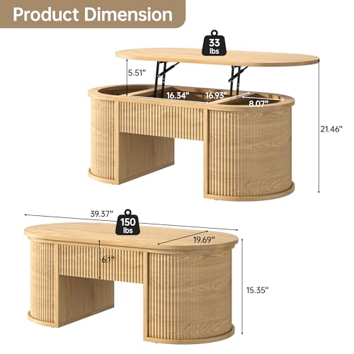 47.2" Oval Fluted Lift Top Coffee Table with Hidden Compartment, Natural | Lifting Tabletop,Timeless Fluted Wood Aesthetic,Spacious Hidden Storage,Supporting up to 150 lbs - color: Natural