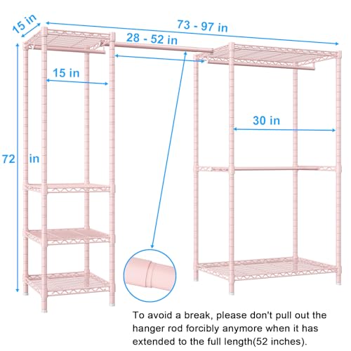 E10 Clothes Rack(With Stretchable Hanger Rod)Freestanding Clothing Racks for Hanging Clothes,Adjustable Closet Organizer System,Portable Garment Rack 73-97"W x 15" D x 72" H,Max Load 800LBS,Pink - color: Pink