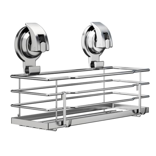 TESOT Suction Cup Shower Caddy, Shower Shelf Soap Dish with Hooks for Razor, Sponge, Rust Proof 304 Stainless Steel, Silver - color: Silver