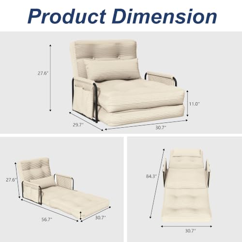 Futon Sofa Bed,Convertible Sofa Bed,Folding Boneless Couches | 3-in-1 Folding Sofa Bed,Boneless Couches for Living Room with Pillow & Side Pocket,High-density Foam,Single Sleeper,Beige - color: Beige, size: Single