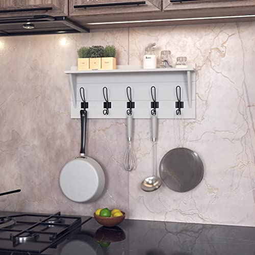 HBCY Creations 24" Wall Mounted Storage Rack - Pine Wood Construction - Solid White Finish - Upper Storage Shelf - 5 Hooks - Ideal for Entryway, Kitchen, Bathroom - color: Solid White