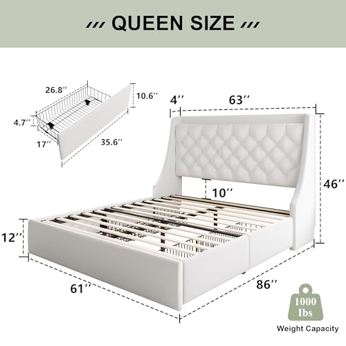 Feonase Upholstered Queen Size Bed Frame with 4 Storage Drawers, Charging Station, Tufted Wingback Storage Headboard, No Box Spring Needed, Easy Assembly, White - color: White, size: Queen