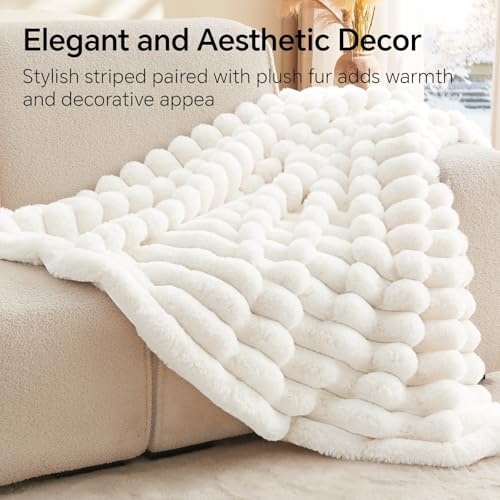 BEDELITE Faux Fur Throw Blanket for Couch, 770GSM, 50" x 60", Cream | Soft and Cozy Luxurious 3D Striped Fluffy Blanket, Warm Plush Fuzzy Faux Rabbit Fur for Women Gift, Stylish Room Decor - color: Cream, size: Throw(50"x60")