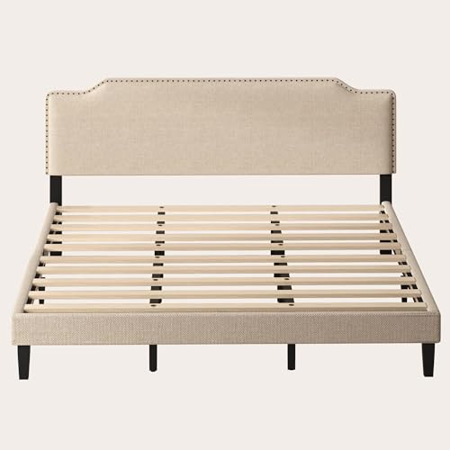 King Size Bed Frame with Upholstered Headboard, Wood Platform Bed with Soft Linen Adjustable Headboard | Elegant Studded Design | Wooden Slats | No Box Spring Needed, King Bed Frame Beige - color: Beige, size: King (U.S. Standard)
