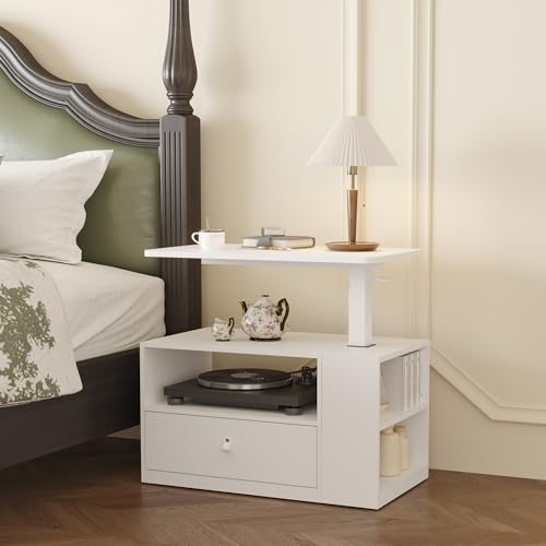 FLEXISPOT H7 CAB 28" Storage Sit-Stand Desk with Pneumatic Lift | Computer workstation desk with drawer and cabinet storage. Compact desk for small spaces and home office.25.8"–41.3", White - color: White+white