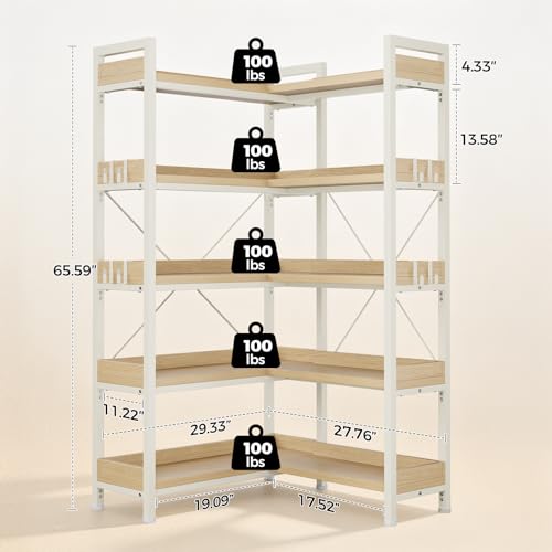 GTPLAYER 5-Tier Corner Bookshelf, L-Shaped Metal Frame Shelf with Tall 14" Shelves, Plant Stand and Storage Rack for Small Spaces, Living Room and Home Office, Light Oak - color: Light Oak, size: 5 Tier