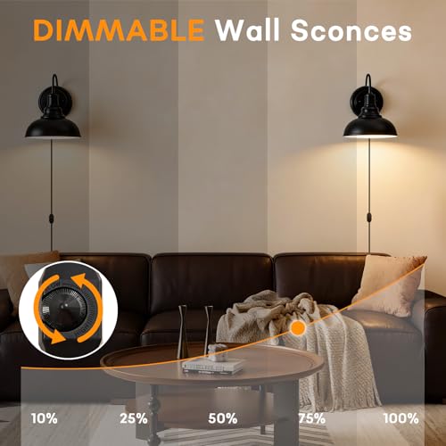 Lightess Plug in Wall Sconces Set of 2, Black Lamp with Cord Dimmer Switch | Gooseneck Farmhouse Style, Dimmable Switch Easy Brightness Control, Rustic Industrial Barn Style Fits Indoor Household Decor - color: 2 Pack-Black Plug in