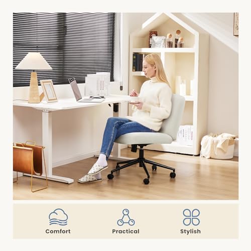 DUMOS Criss Cross Chair with Wheels, Wide Cross Legged Office Desk Vanity Chairs, Armless Height Adjustable Swivel Chairs for Home Computer Task, Fabric, Beige Wheel - color: Beige Wheel