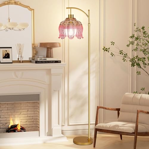 ILLMTW Pink Floor Lamp for Living Room,Bedroom,Glass Mid Century Modern Standing Lamp with Remote,Dimmable Gold Brass Tall Lamp Tulip Flower Arc Floor Light Boho Bohemian - size: Floor Lamp-23
