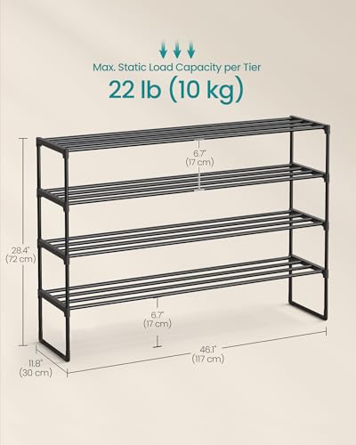 SONGMICS 신발장, 4단 신발 정리함, 금속 보관 선반, 수직 또는 거꾸로, 25-30쌍, 쌓을 수 있음, 입구용, 29.5 x 116.1 x 71.9cm(11.8 x 46.1 x 28.4인치), 블랙 ULSA034B01 - color: 블랙., size: 4 Tiers (46.1"W)