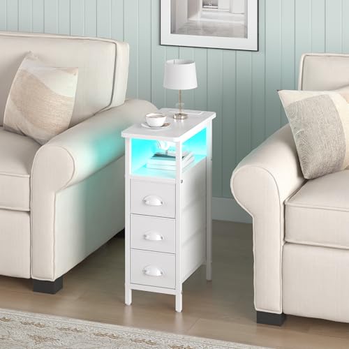 sthmec End Table with Charging Station,LED Side Tables with USB Ports and Outlets,Skinny Bedside Tables with 3 Drawers,Small Tabls Nightstands for Small Space,Slim Sofa Table for Livingroom, White - color: White, size: 7.88'' W*15.75'' D*24.3'' H, style:
