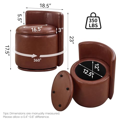 WUTUTUEE Leather Vanity Chair with Storage, 360° Swivel Makeup Chair with Pleated Back, No Assembly Small PU Accent Stool for Bedroom, Dressing Room, Living Room, Brown - color: Brown-pu, size: Regular