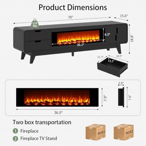 EAG 70" TV Stand with Fireplace for TVs Up to 80 Inches, Black | Mid Century Modern Entertainment Center with 36" Decorative Fireplace, Wood Media Console Cabinet for Living Room, Bedroom - color: Black, size: 70"