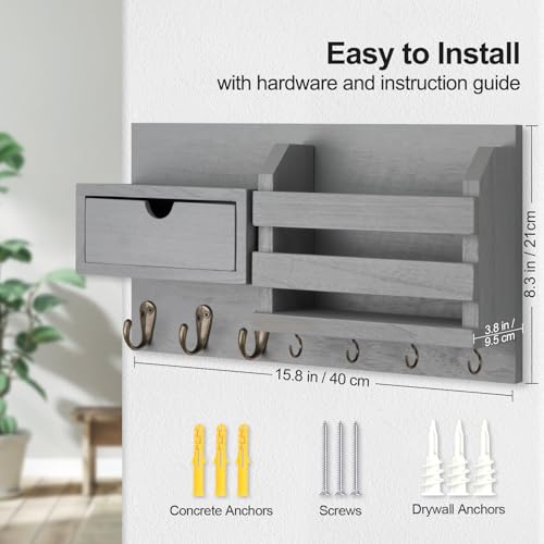 Lwenki Wall Mount Key Holder with Mail Organizer, 100% Paulownia Wood, 7 Metal Hooks, Storage Drawer, Entryway Home Decor (Gray) - color: Gray
