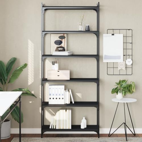 Industrial 6-Tier Bookcase Matte Black Engineered Wood Shelving Unit 74 in Tall Adjustable Shelves for Living Room Office Bedroom - color: Black-f, size: Medium