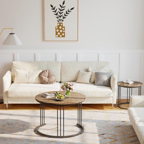 Nesting Coffee Table, 23.6" Round Coffee Table Set of 2, Wooden Nesting Table with Metal Frame, Ceter Tables for Living Room Bedroom Balcony, Brown - color: Brown