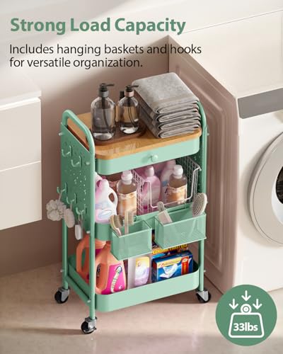ALVOROG 3 Tier Metal Rolling Cart with Drawer,Wood Top,Pegboards,Green | Storage Utility Cart with Drawers,Pegboards,Lockable Wheels,Baskets,Hooks for Kitchen,Office,Bedroom,DIY Supplies - color: Green