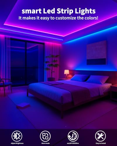 Smart LED Strip Lights 100FT for Bedroom App Control Lighting Bedroom Rome Decor with Remote, RGB Music Sync Color Changing LED Lights for Party,Game Room - size: 100 ft