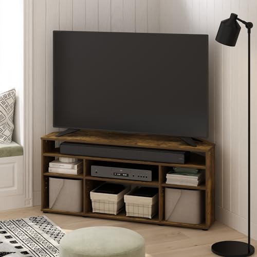 Furinno Jensen TV Stand, 4-Tier Corner Entertainment Center with Storage Shelf, TV Console for TV up to 55 Inch, Open Back, for Living Room, Bedroom, Amber Pine - color: Amber Pine, size: For 55" TV, Corner 4-Tier