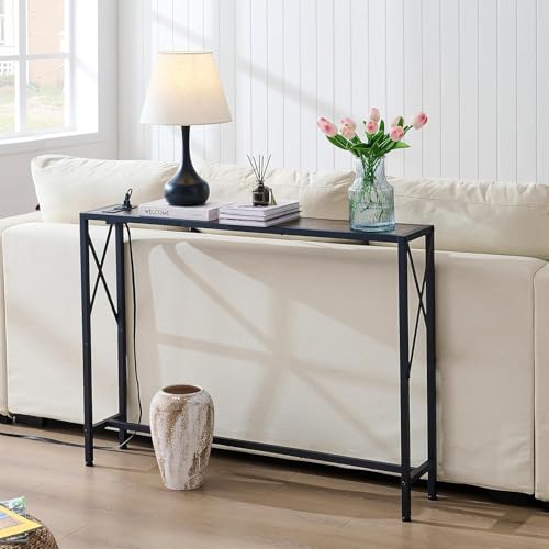 Gewudraw Narrow Console Table with Socket, Sofa Table Behind Couch, Brown | 41.8" Couch Table, Industrial Style, Long Skinny Design,For Hallway,Living Room,Bedroom, Built-In Outlets & USB,140cm Length - color: Rustic Brown, size: 41.7 in