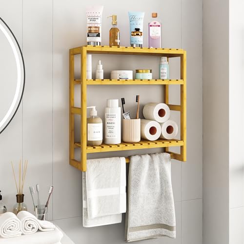 Galood Over The Toilet Storage Bathroom Shelves Wall Mounted 3 Tier Yellow | Space Saver Corner Shelf Organizer Bamboo Towel Rack Toilet Paper Cabinet with Hanging Rod - color: Natural 1pack, size: Standard