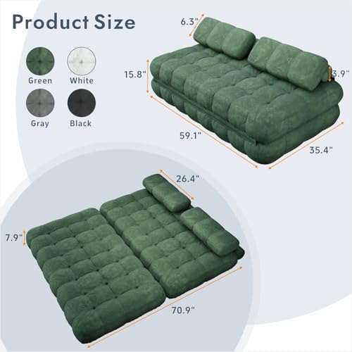 59.1" 3-in-1 Convertible Sofa Bed with Pillows - Green, Full | Folding Loveseat Sleeper Chair, Portable Fold Out Boneless Couch Lounge, Comfy Velvet Floor Mattress for Living Room Bedroom - color: Green, size: Full