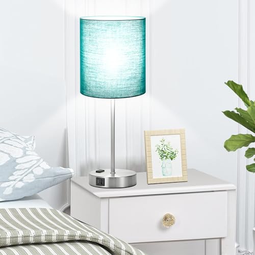 Lynnoland Green Touch Table Lamps Set of 2 with 2 USB & AC Outlet, 3-Way Dimmable Bedside Nightstand Lamps for Bedroom Lamps Living Room Nursery, 800 Lumens 5000K Daylight Bulbs Included - color: (2 Pack)Green & Brushed Nickel(Base)-5000K Bulbs Included