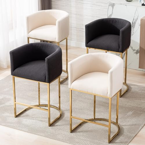 HNY Modern Barrel Counter Height Clearance Bar Stools Set of 2, 32 Inch Linen Kitchen Barstools with Back for Island, with Gold Metal Tubular Frame, Charcoal - color: 32inch Charcoal,gold Base