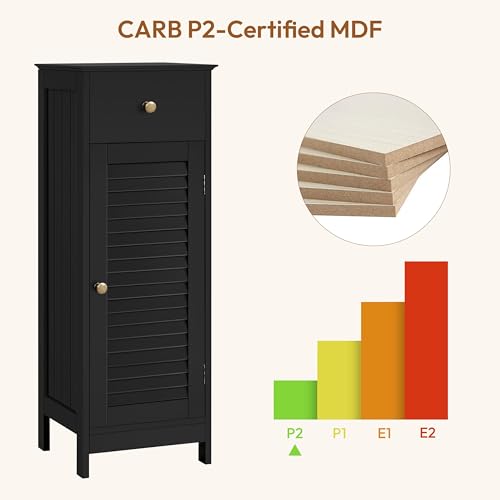 Yaheetech Small Bathroom Storage Cabinet with Drawer & Louvered Door, Black | Slim Free Standing Floor Cabinet Organizer by a Pedestal Sink or Toilet, Hides Tissue and Towels, Shelf inside, MDF Build