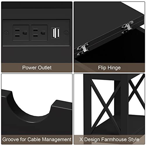 ChooChoo End Tables Living Room Set of 2, Side Table with Charging Station | Narrow Flip Top Side Table, Nightstand Sofa Table for Living Room, Bedroom, Black - color: Black