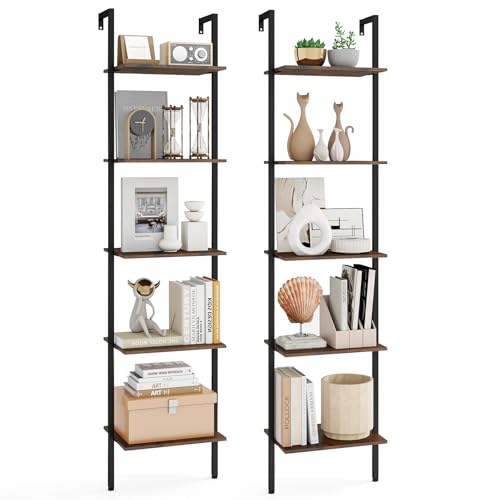 Tangkula 5-Tier Ladder Shelf, 70 Inch Wall-Mounted Open Bookshelf with Anti-Tipping Kits, Metal Frame, Industrial Display Rack Storage Vertical Bookcase for Living Room Home Office (2, Rustic Brown)