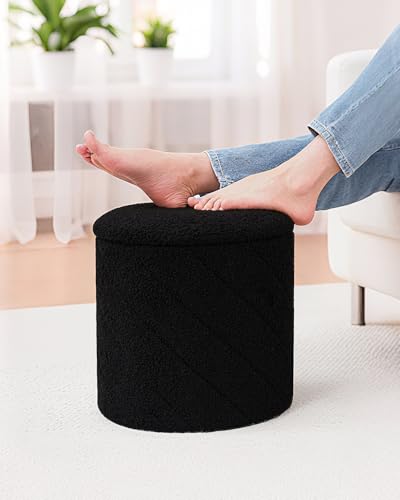 B FSOBEIIALEO Ottoman with Stroage, Boucle Round Storage Ottoman with Tray,Foot Rest Stool for Dorm Room, Living Room Black, 12.99"x12.99"x13.78" - color: Black, size: 12.99x12.99x13.78 inches