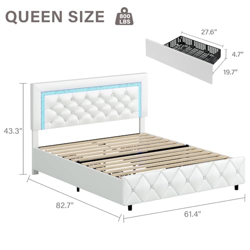 Queen Bed Frame with LED Lights, Upholstered Bed Frame with Storage Drawers | Princess Platform Bed with Diamond Headboard and Footboard, No Box Spring Needed, White - color: White, size: Queen
