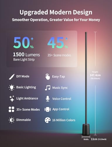 Corner Floor Lamp, 1500lm RGBW Corner Lamp Work with Alexa & Google Assistant, 16 Million DIY Colors, Sync with Music, App Control, Modern LED Floor Lamp for Living Room & Bedroom, Black - color: Black