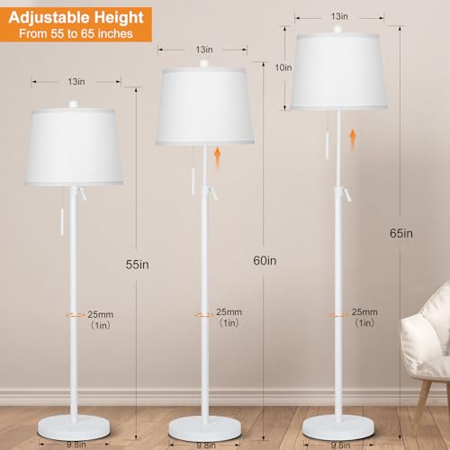 White Floor Lamp for Living Room 55-65" Adjustable Height Modern Standing Lamp with Pull Chain Tall Pole Light with White Shade for Bedroom Reading Office Corner Nursery 9W LED Bulb Included 3 Color - color: White+White Shade