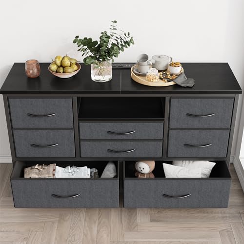 8-Drawer LED Dresser TV Stand with Power Outlet for 55'' TV - Wide Storage Chest for Bedroom, Living Room & Entryway, Wood Top Console Table with 22 Light Modes - color: Grey