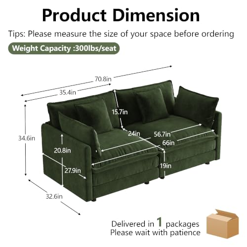 70.8 Inch Modular Sectional Cloud Sofa, 2-Seat Chenille Green | Chenille Deep Seat Sofa with Pillow for Living Room, Bedroom and Apartment - color: Green, size: 70.8Inch