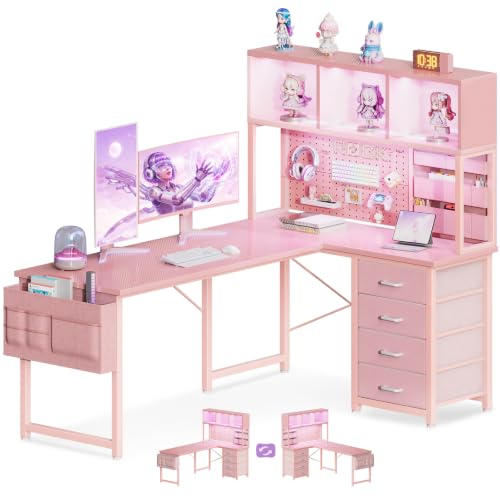 AODK 53" L Shaped Gaming Desk with Pegboard, Hutch & 4 Drawers, Pink - color: Carbon Fiber Pink