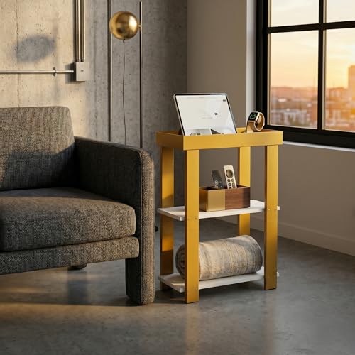 3-Tier Narrow Side Table with Tray Top, Slim Side Table, White&Gold | Modern Skinny End Table with Storage, Thin Nightstand Bedside Table for Small Spaces, Living Room, Bedroom or Bathroom - color: White + Gold