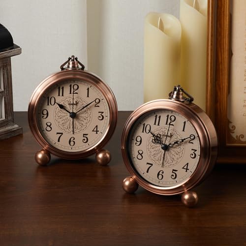 FLOITTUY 4.5" Battery Operated Antique Retro Analog Metal Alarm Clock, Silent Bedside Desk Clock, Wall-Hanging Vintage Clock(Exquisite Bronze) - color: Exquisite Bronze