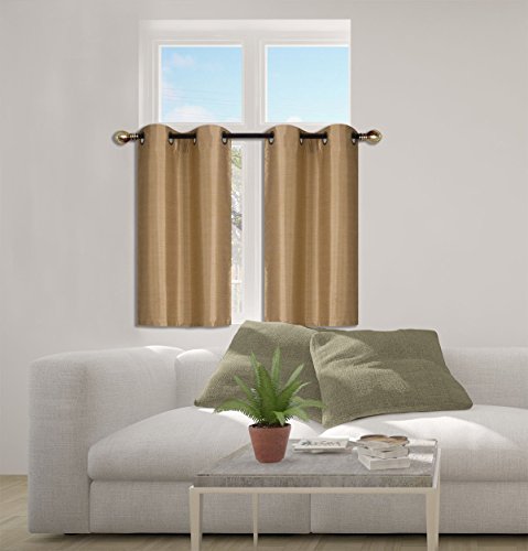 Elegant Home 2 Panels Tiers Grommets Small Window Treatment Curtain Faux Silk Insulated Blackout Drape Short Panel 28" W X 36" L Each for Kitchen Bathroom or Any Small Window # D24 (Gold) - color: Gold