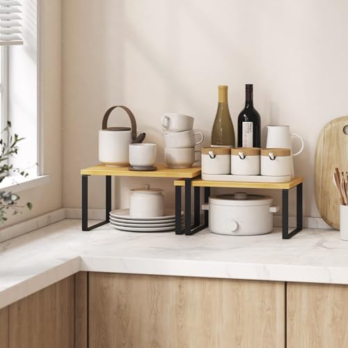 Kitchen Cabinet Organizer Shelf Set of 4, Sturdy Kitchen Counter Shelves with Metal Legs, Stackable Expandable Wood Spice Rack Pantry Cupboard Dish Mug Cup Storage Organizer Shelf,Black+Bamboo - color: Black+Bamboo