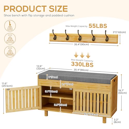 Shoe Storage Bench Coat Rack Set, 35.4" Bamboo Hall Tree Entryway Bench | Shoes Bench with Lift Top Hidden Storage & Wall Hooks, 2-Tier Shoe Cabinet with Seat Cushion for Foyer, Hallway, Natural - color: Natural With Hooks