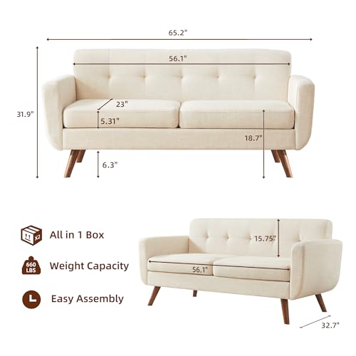 Tbfit 65" W Loveseat Sofa, Mid Century Modern Decor Love Seat Couches for Living Room, Button Tufted Upholstered Small Couch for Bedroom, Solid and Easy to Install Love Seats Furniture, Beige - color: Beige, size: 65.2 inch