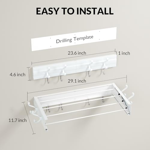 BAKON Wall Mounted Foldable Clothes Drying Rack - Indoor Outdoor Laundry Drying Rack with 4 Hooks & 4 Poles, Space Saving Concealed Design for Storage (23.6"【Upgrade】) - size: 23.6'' with 4 Hooks