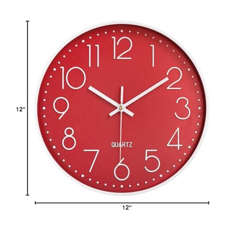 12 in Wall Clock Non-Ticking Quartz Silent Battery Operated Round Clocks Home Kitchen Office School Living Room Decor Clocks (Red) - color: Red