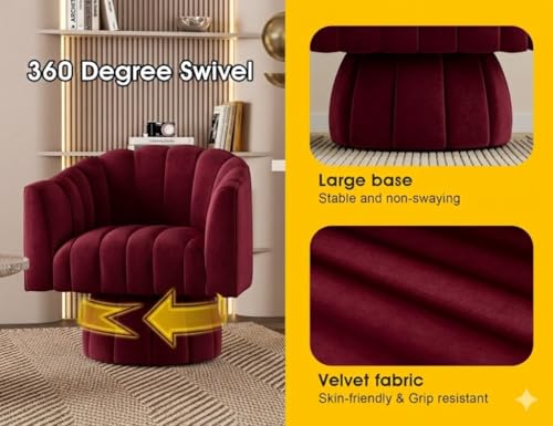 Dewhut Swivel Accent Chair, Barrel Accent Chair, Velvet, Burgundy | Velvet Upholstered Round Arm Chair with 360° Swivel Base, Mid Century Modern Living Room Chair, Easy Setup - color: Burgundy
