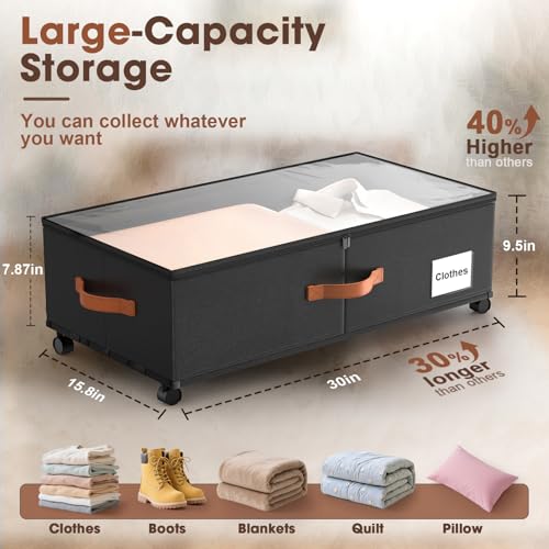 Eastherry Under Bed Storage Containers with Wheels, 9.5 inches Higher Underbed Shoes Blankets Clothes Toy Storage Drawers for College Dorms Bedrooms Nursery Rooms Organization, 2 Pack to be Assembled - color: Black