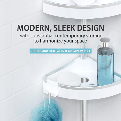 Better Living HiRise 3 Standing Corner Shower Caddy, White | Adjustable 3 Large Baskets, Aluminum Rustproof Bathroom Shower Organizer with Storage Hooks, No Drill, Shower Organizer